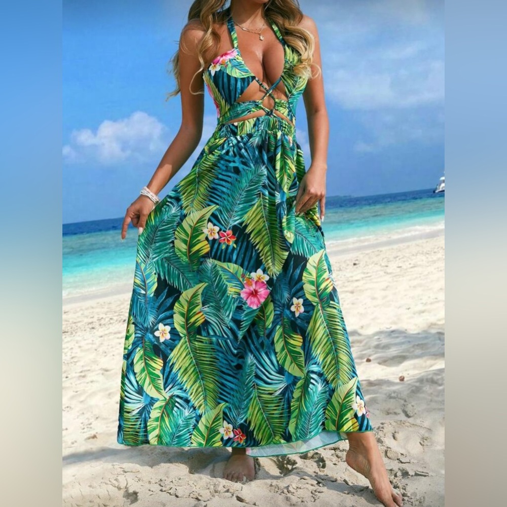 SHEIN Tropical Halter Maxi Dress – Size M NWOT